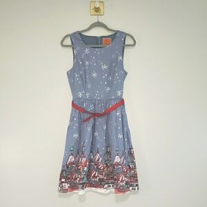 Modcloth Holiday Dress Medium Blue Red White Sleeveless Belt Snowflakes Winter